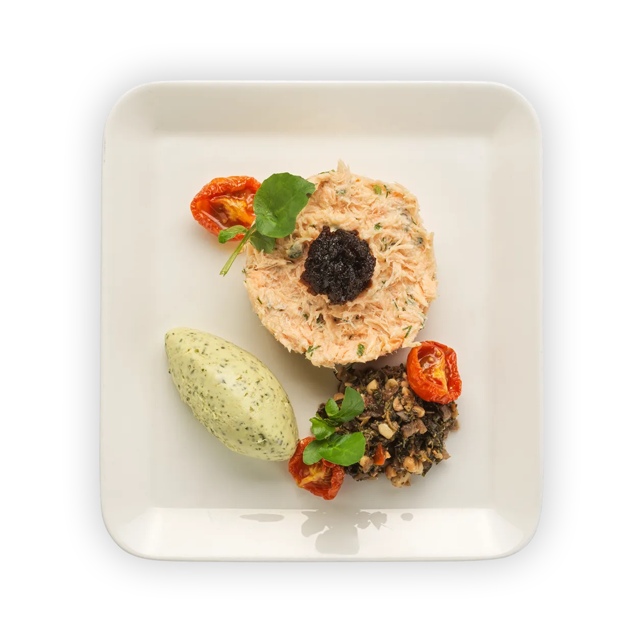 Lachs-Rillettes mit Balsamicogelee | Basilikummousse | getrocknete Cherrytomaten