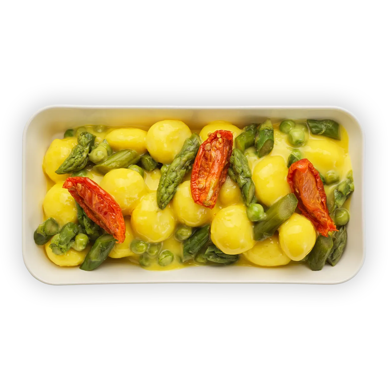 Saffron gnocchi with velouté sauce | green asparagus and sun-dried tomatoes