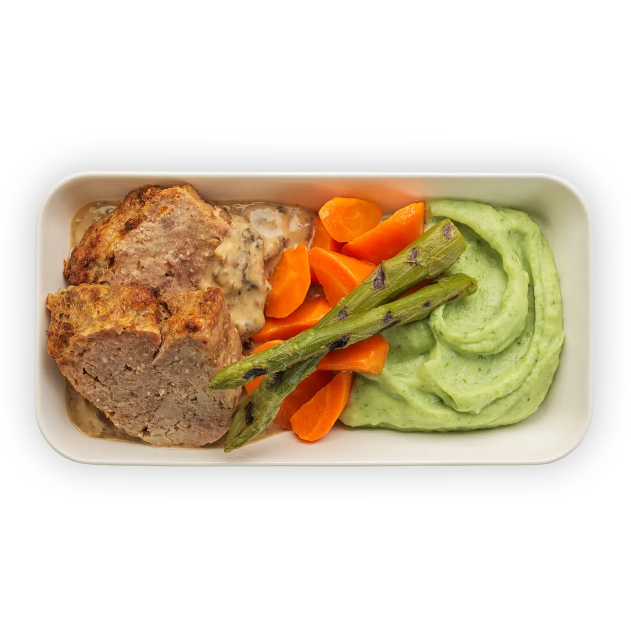 Meatloaf with morel cream sauce | wild garlic mashed potato | glazed carrots and grilled asparagus