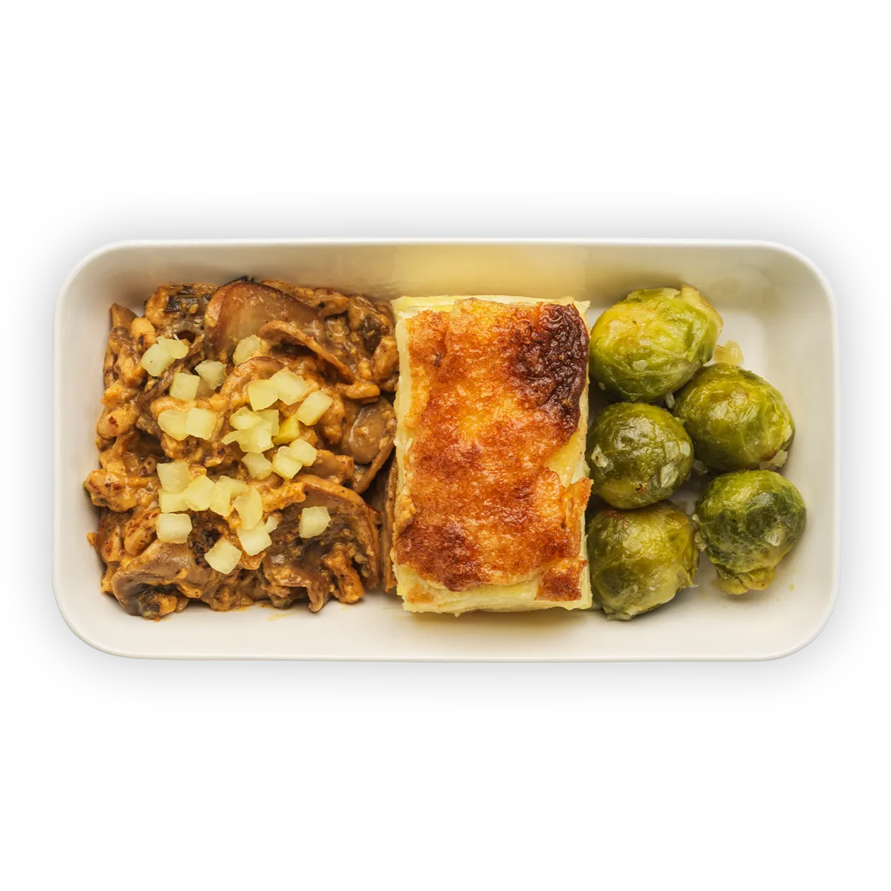 Plant-based chicken | potato gratin | Brussels sprouts