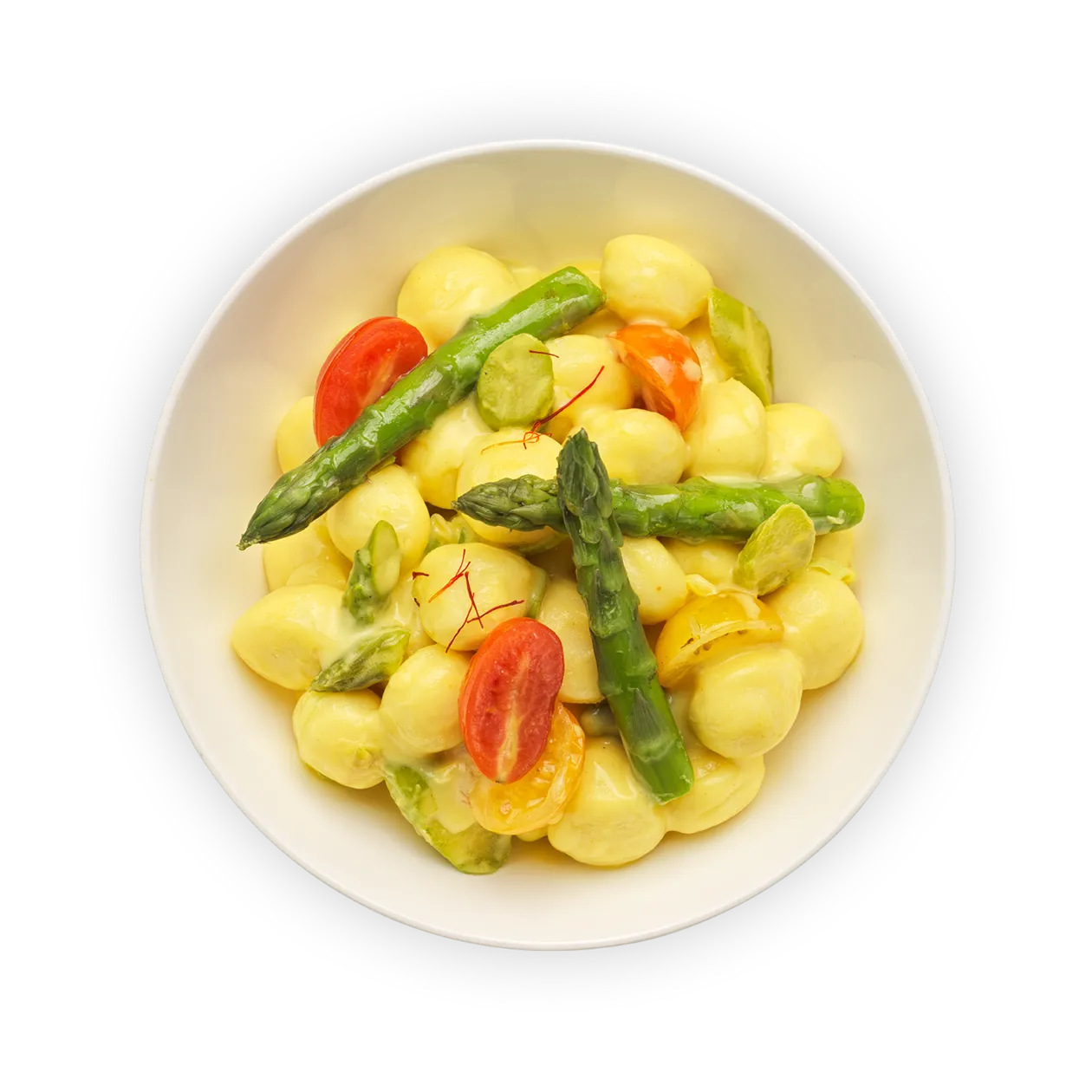 Gnocchi à la sauce safranée | asperges vertes et tomates datterini