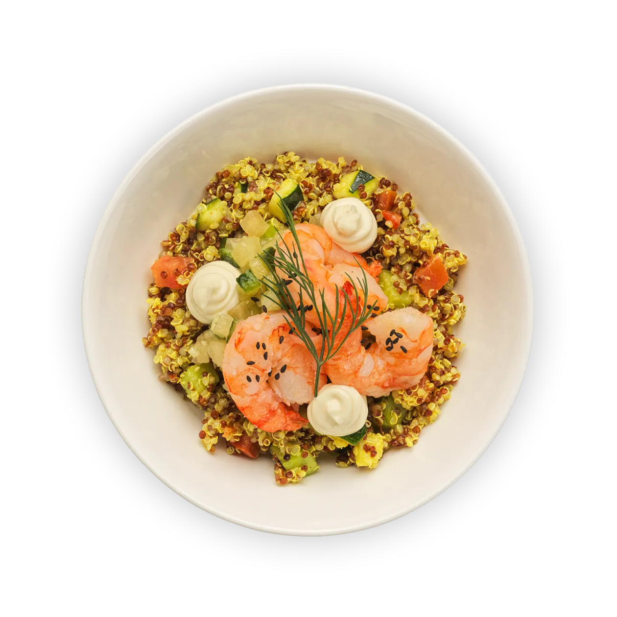 Confit prawns with black sesame and yuzu mayonnaise | quinoa salad