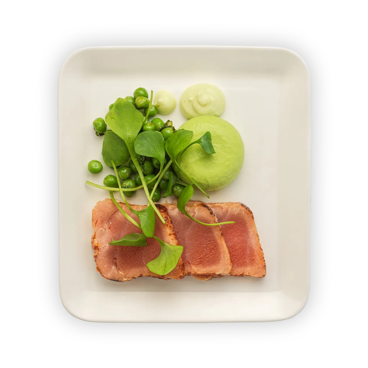 Tuna tataki | wasabi mayonnaise | sautéed green peas and green pea mousse