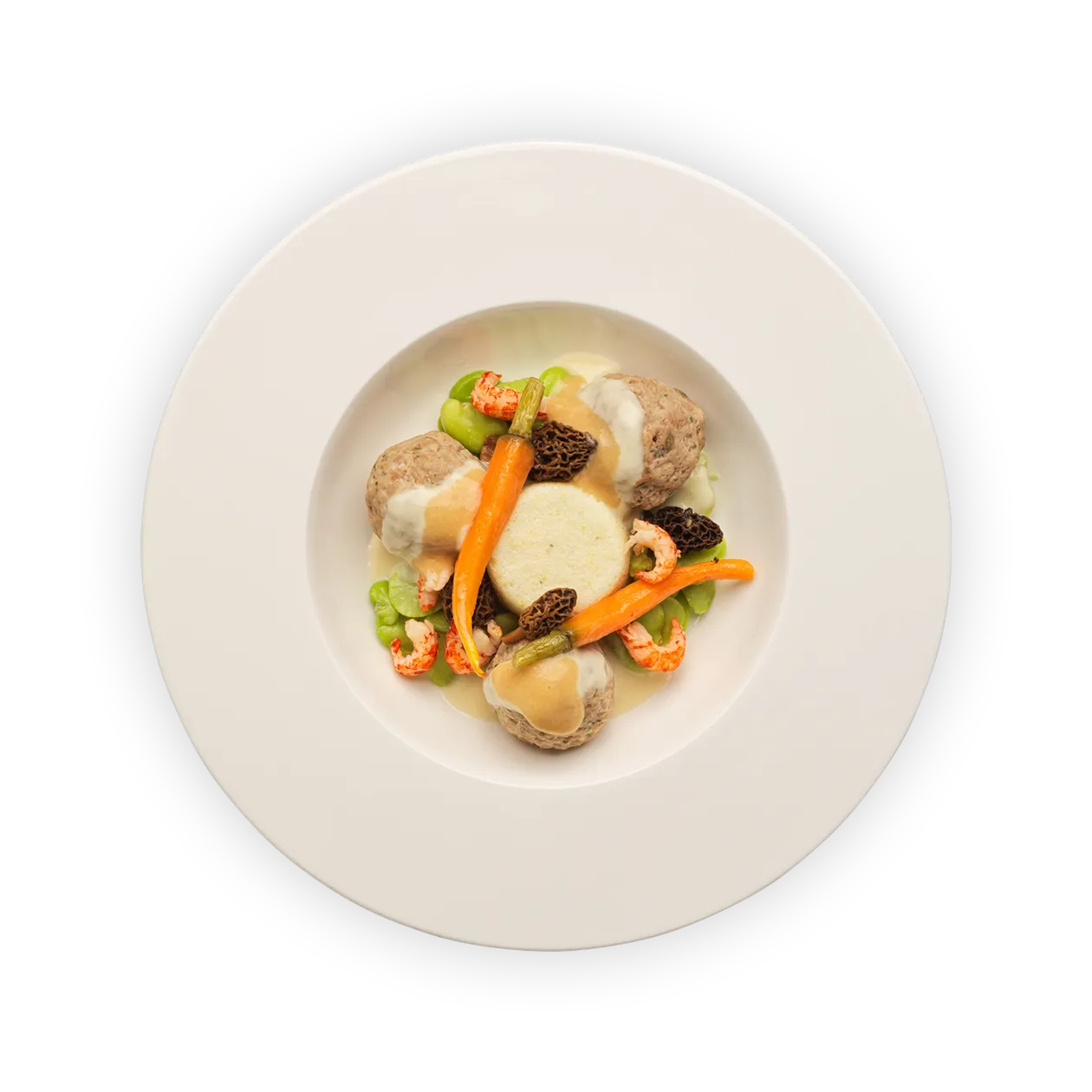 Boulettes et velouté de chèvre | sauce aux écrevisses et aux palourdes | Polenta Ribelmais | morilles | fèves et petites carottes