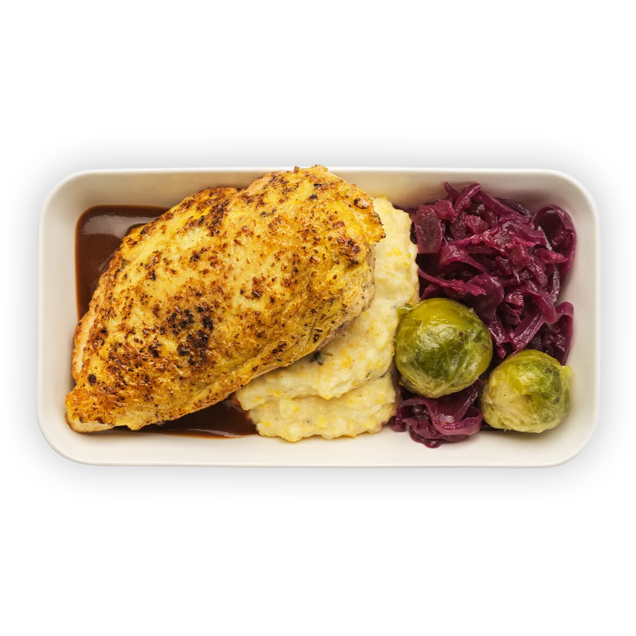 Sautéed chicken breast with jus | mascarpone polenta | Brussels sprouts and braised red cabbage