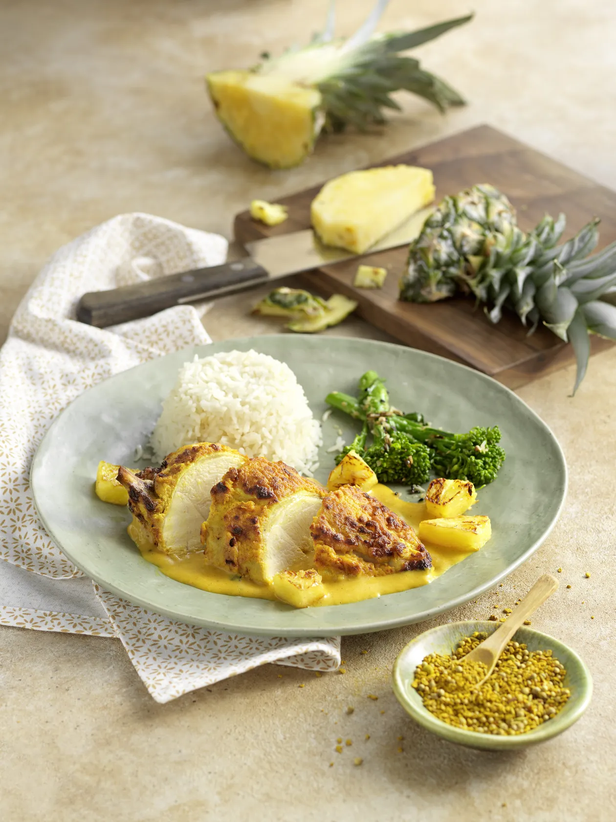 PINEAPPLE CHICKEN with coconut rice and broccolini