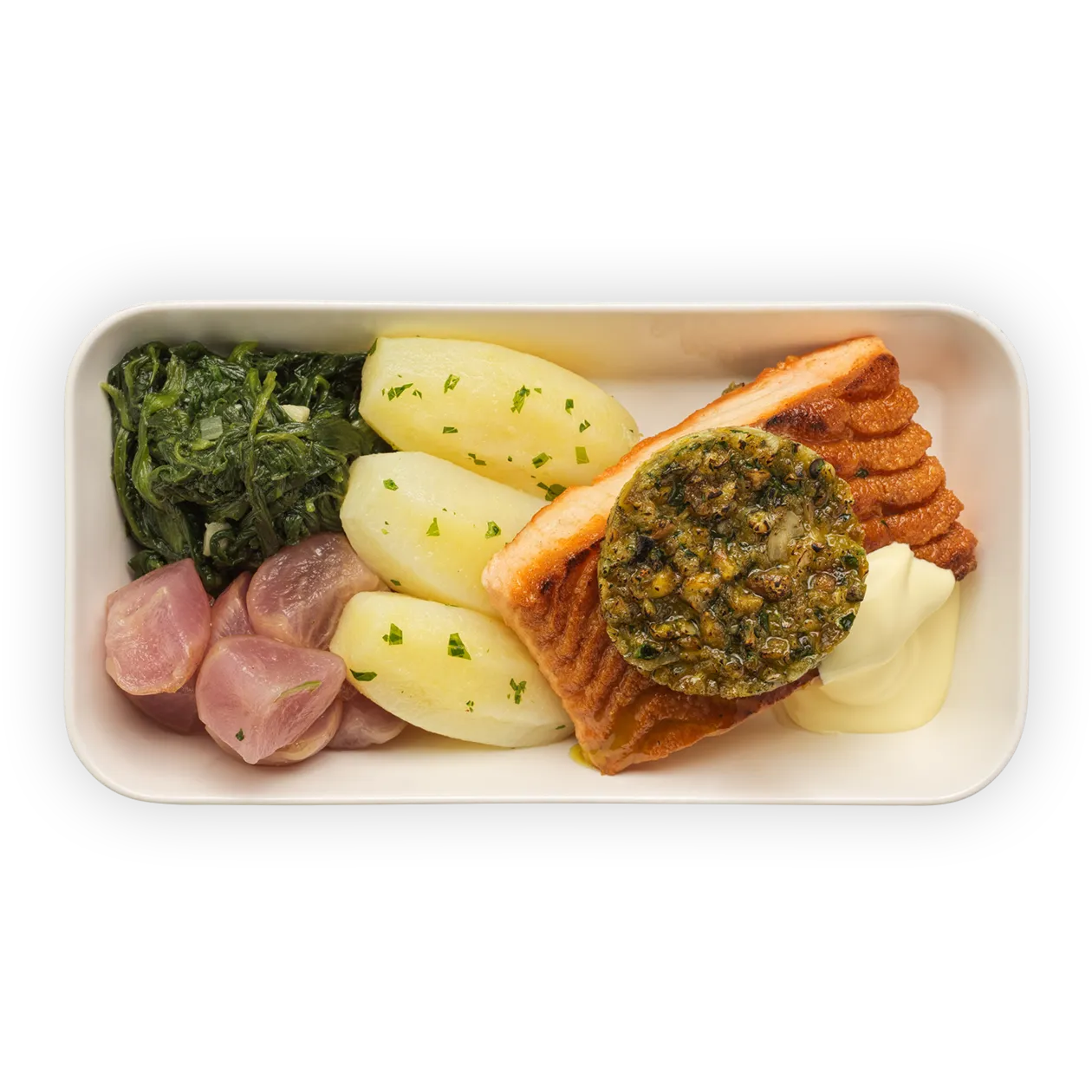 Salmon filet with nut crust with hollandaise sauce | parsley potatoes | spinach and glazed radish