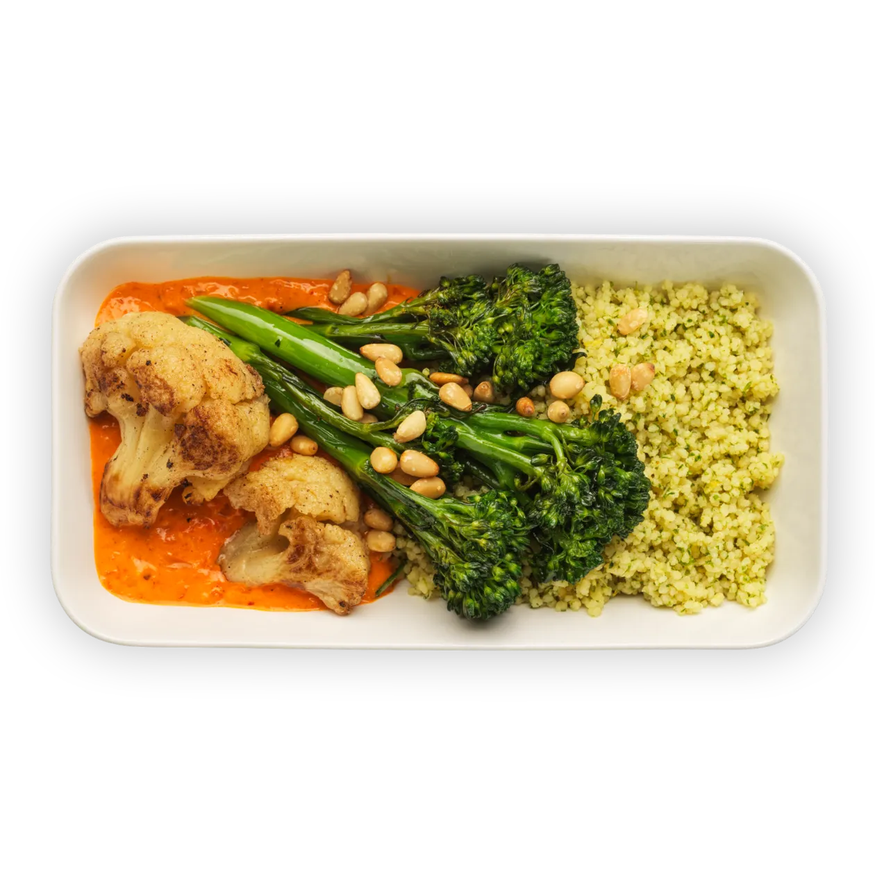 Lemon and herb couscous | Espelette pepper sauce | roasted cauliflower and broccolini | pine nuts